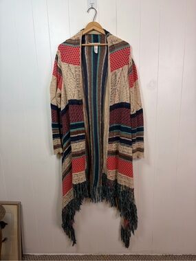 Maurices Open Front Fringe Duster Cardigan Boho Southwestern Knit Size 3 XXL 1X